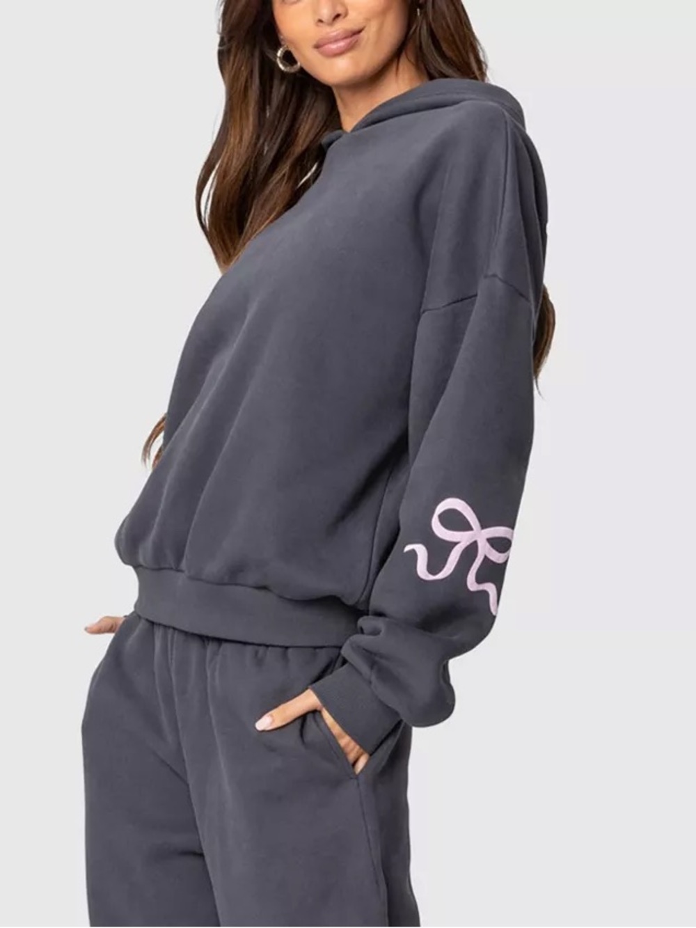 Edikted gray Bonnie bow detail hoodie sweatshirt, size small